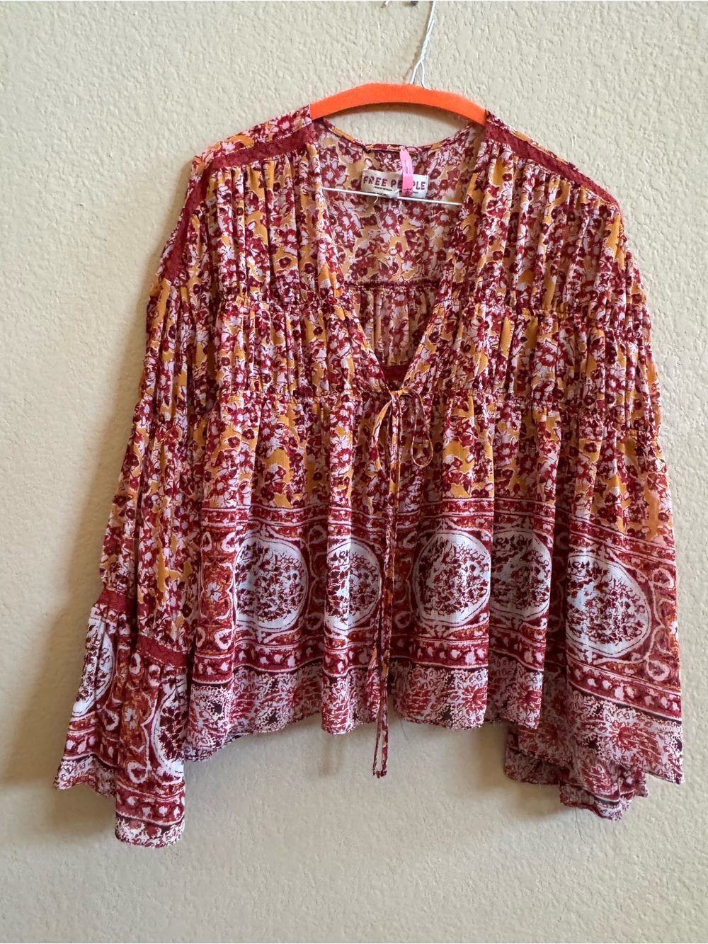 Free People XS Boho Floral Bell Sleeve Peasant Blouse Tunic Top - Picture 6 of 9